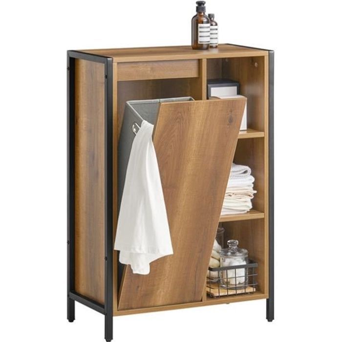 Meuble Salle de Bain SoBuy avec Panier à Linge Amovible Petit Meuble de Rangement avec Étagères Ouvertes Marron 60x30x90 cm