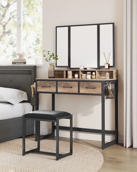 Coiffeuse avec Tabouret Miroir Triple 3 Tiroirs Porte-sèche-Cheveux Pot - VASAGLE - Marron Boisé Noir