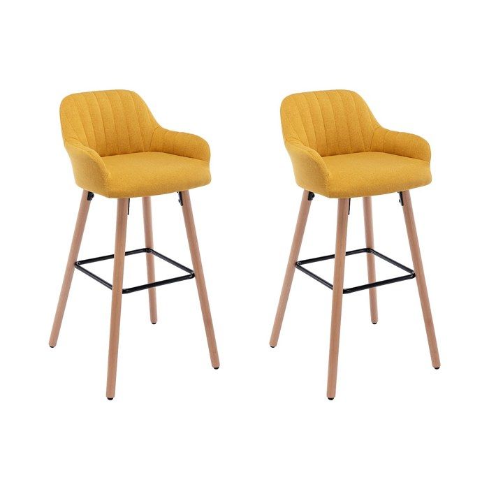 Lot de 2 tabourets de bar en tissu et pieds bois de hêtre - Jaune - ELEANA Lot de 2 tabourets de bar en tissu et pieds bois de hêtre - Jaune - ELEANA