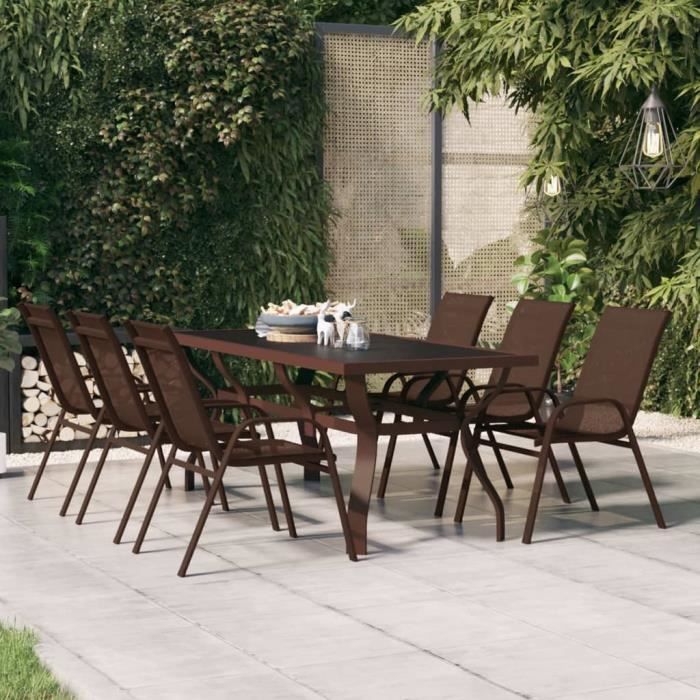 "promo"table extérieure lmt - table de jardin marron et noir 180x80x70 cm acier et verre 31,8kg