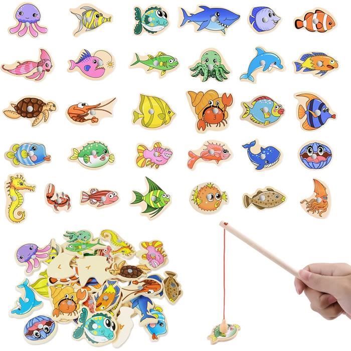 Jeu De Pêche Magnétique 30 Pièces En Bois - 2 Cannes + Seau - Jouet Éducatif Montessori 2-5 Ans