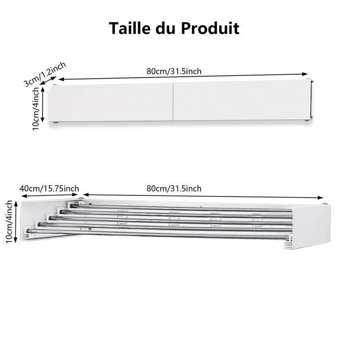 Séchoir à Linge Mural Pliable 5 Barres – Étendoir 4m Intérieur/Extérieur, Gain De Place, Charge 30kg, Blanc (80 Cm)