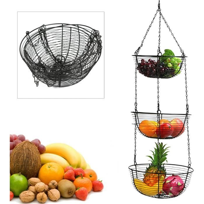 Paniers de fruits suspendus - 3 étages - tissés à la main - paniers de rangement pour