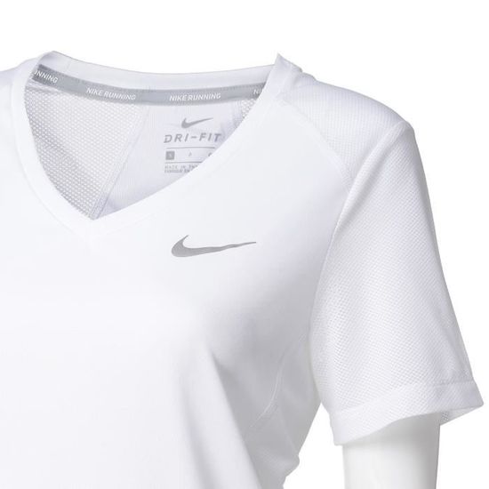 NIKE T-shirt de running Miler - Col V - Femme - Blanc - Prix pas 