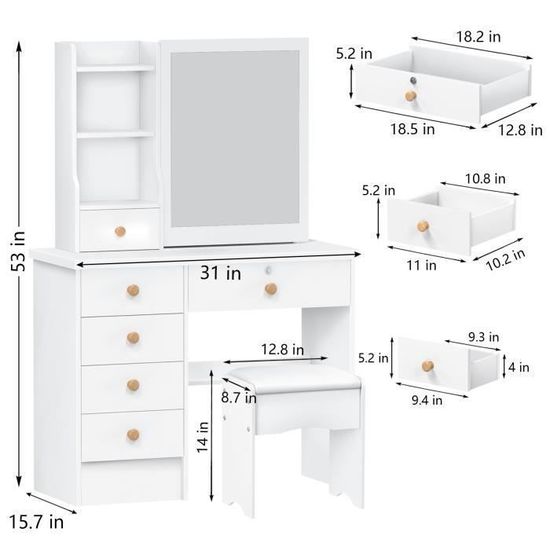 Coiffeuse table de maquillage avec miroir à LED et tabouret Gaia | Leroy Merlin