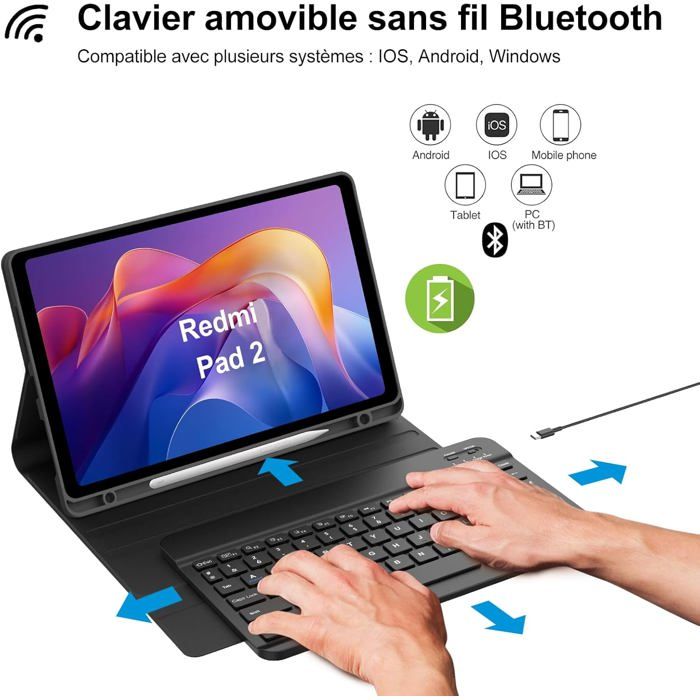 SENGBIRCH Cover Tastiera per Redmi Pad Pro 12.1 2024 - AZERTY francese Tastiera staccabile senza fili Bluetooth, custodia con fessura per penna per Xiaomi Pad Poco 12.1, blu scuro