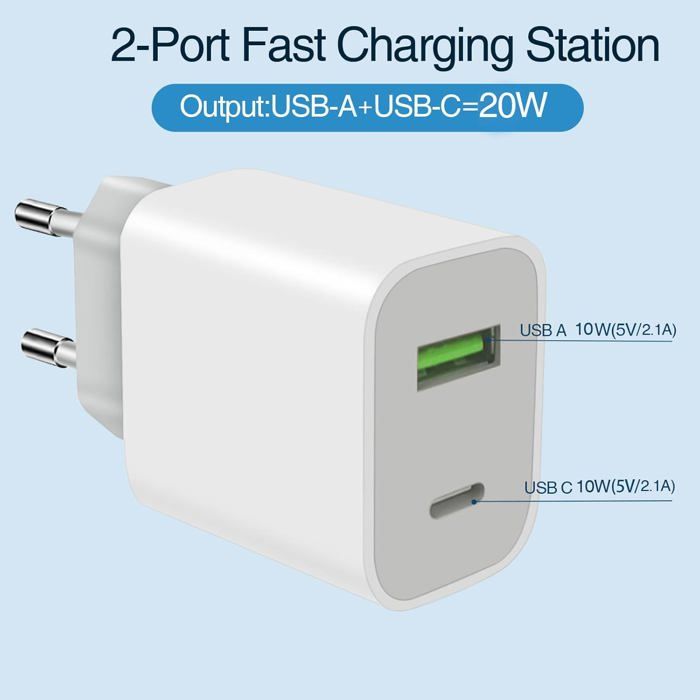 Chargeur USB C Rapide, 40W 4 Port Adaptateur Secteur USB C PD et QC Prise USB Aves 2 Câble USB