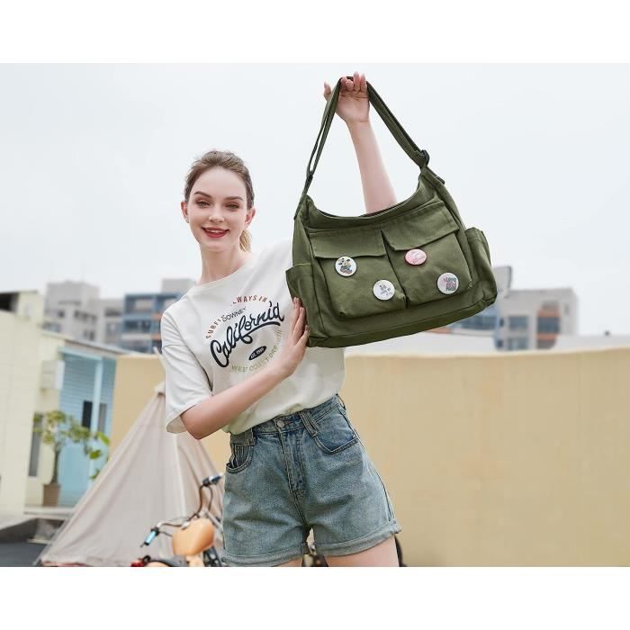 Sac a bandouliere en Toile Vert Grand Sac avec Poches Mixte