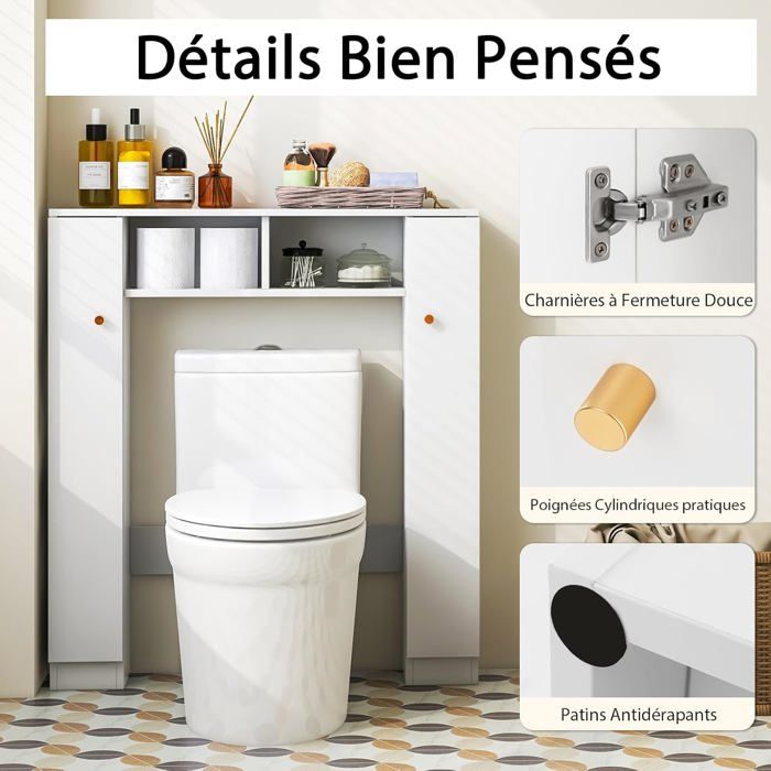 Petite Armoire WC étroite Pour Salle De Bain - Rangement Gain De Place Avec étagères Réglables - Gris - 4