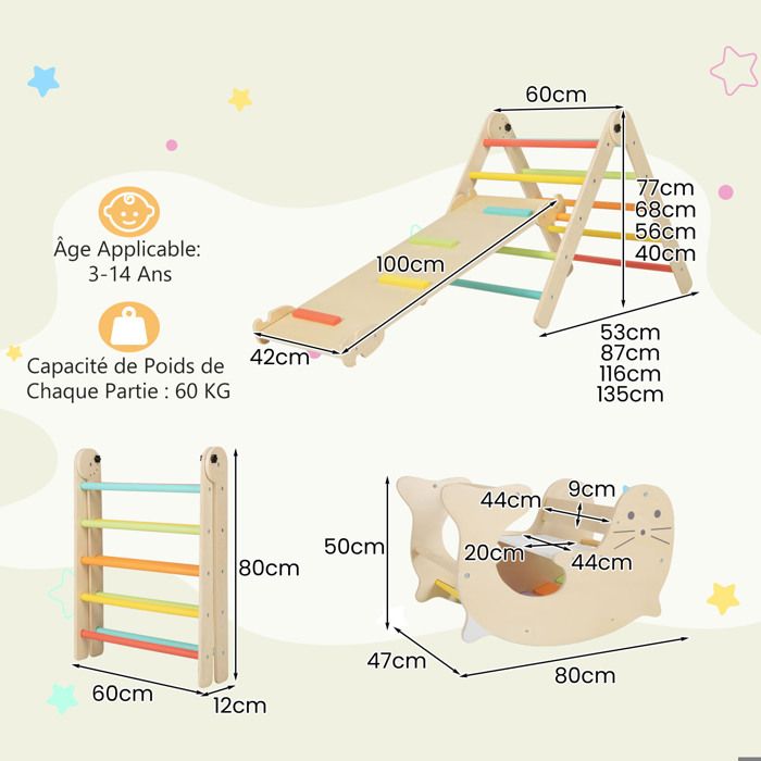 DREAMADE Jeux d'escalade en Bois, Ensemble de Grimpeur Triangle Montessori avec Bascule, Rampe à Double Face, Tabouret Réglable, Échelle d'escalade, 2 Gymnases Intérieurs pour Enfants 3+ Ans