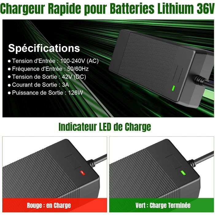 Chargeur Trotinette Électrique 42V 3A Universel – 4 Connecteurs + LED + Protection Intelligente