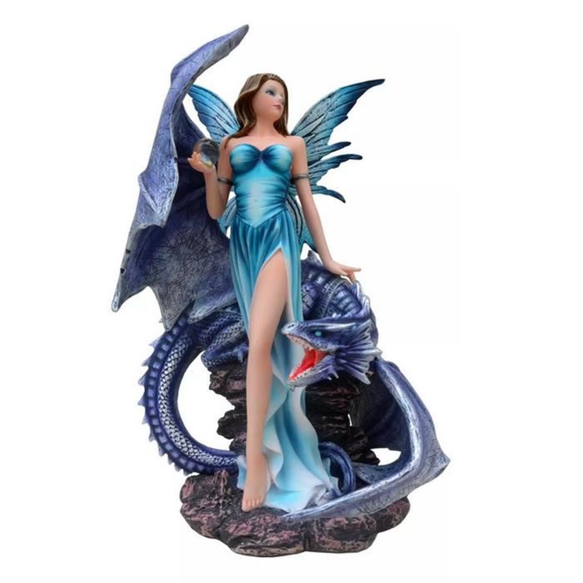 Grande Figurine Fée Dragon Bleu - Vague D'eau - H 28 Cm - Résine - Heroic Fantasy