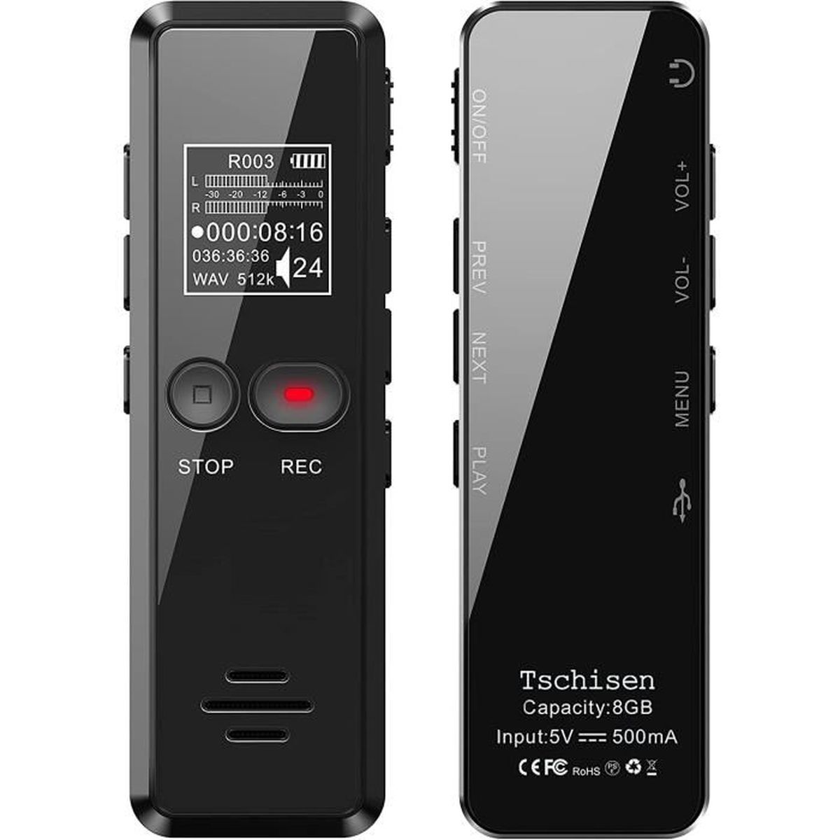 Vannico 8Go 1536Kbps Portable Enregistreurs Audio Vocal Numériques Lecteur Mp3 Enregistreur Dictaphone Enregistreur Numérique Digital USB Rechargeable HD Micro Enregistreur 