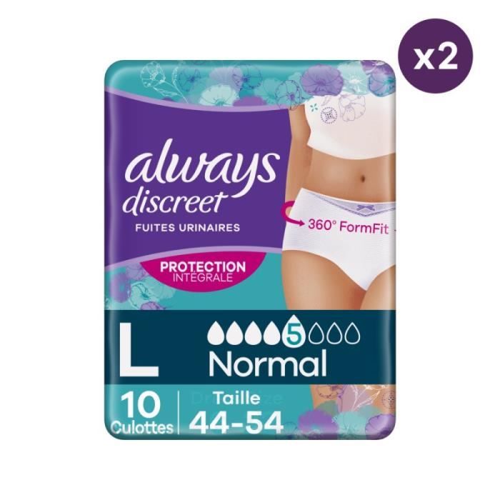 Always Discreet, Culottes Fuites Urinaires, Taille L, Blanc, Absorption 5,  40 Sous-Vêtements Jetables Incontinence Femme, Fuites Urinaires