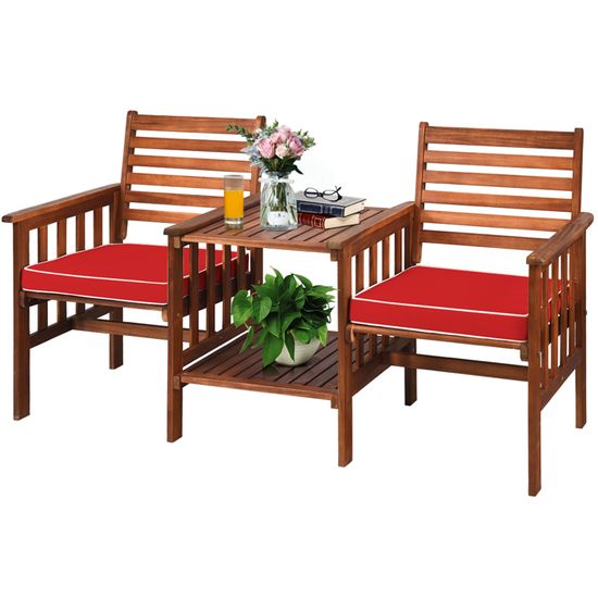 Salon De Jardin 2 Personnes GOPLUS Bois Acacia - Table Bistrot Avec 2 Chaises Pliantes Et Coussins