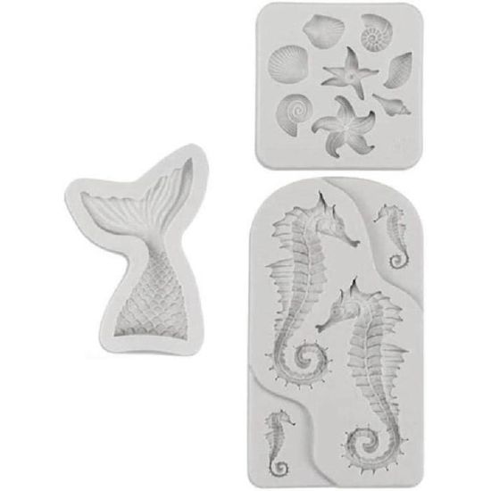 6 Moules Silicone Sirène 3D – Thème Marin Fondant & Chocolat – Étoiles De Mer, Hippocampes, Coquillages Rose