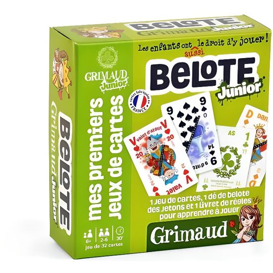 Jeu de cartes Grimaud Junior Belote - 32 cartes - Vert - Pour enfants à partir de 6 ans