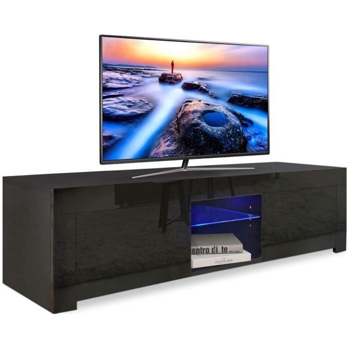 YOLEO Meuble tv / Meuble de salon -avec éclairage LED - 130 cm - noir mat / noir brillant - style moderne