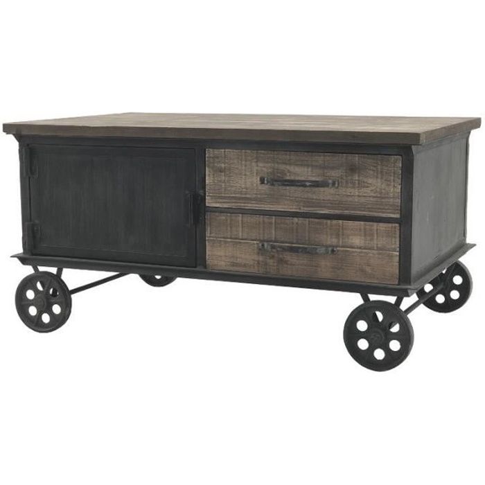 Grande Table Basse en Fer Bois sur Roulettes Industriel 130 cm x 70 cm - 14005-Table