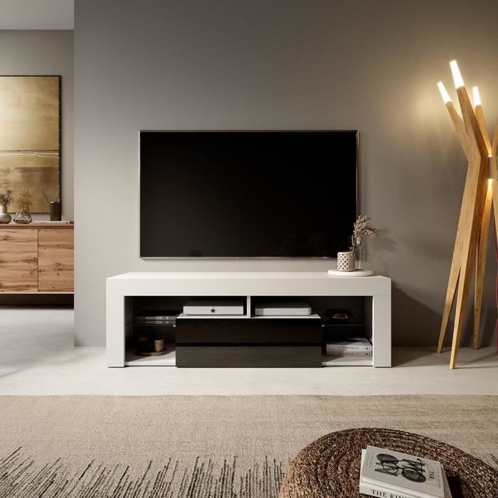 Meuble TV / Banc TV - BIANKO - 140 cm - blanc mat / noir brillant - sans LED - style moderne - tablette en verre