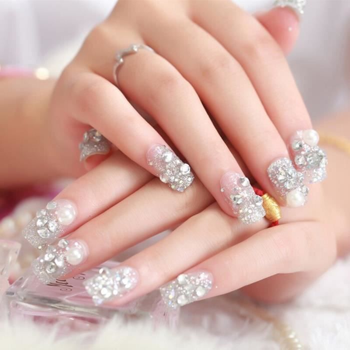 LB4372 24 pièces blanc artificiel mariée 3D complet ongles conseils manucure faux ongles cristal perle faux ongles conseils artifici