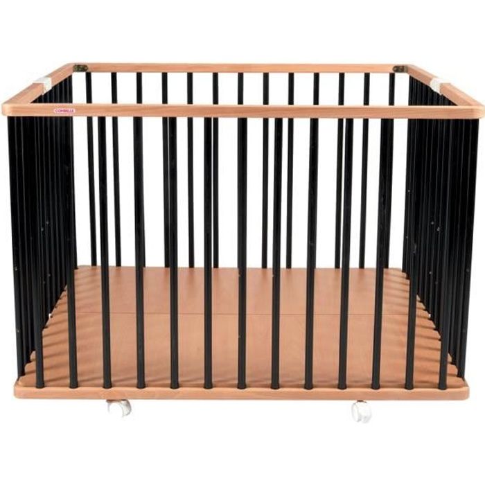 Combelle - Parc bébé en bois pliant Gaby bicolore noir avec plancher réglable et roulettes - 92x88x67 cm