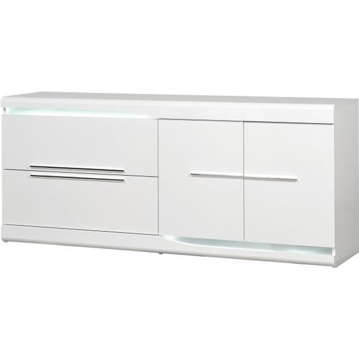 OVIO Bahut 2 portes 2 tiroirs - Laqué blanc brillant - L 200 x P 51 x H 87 cm