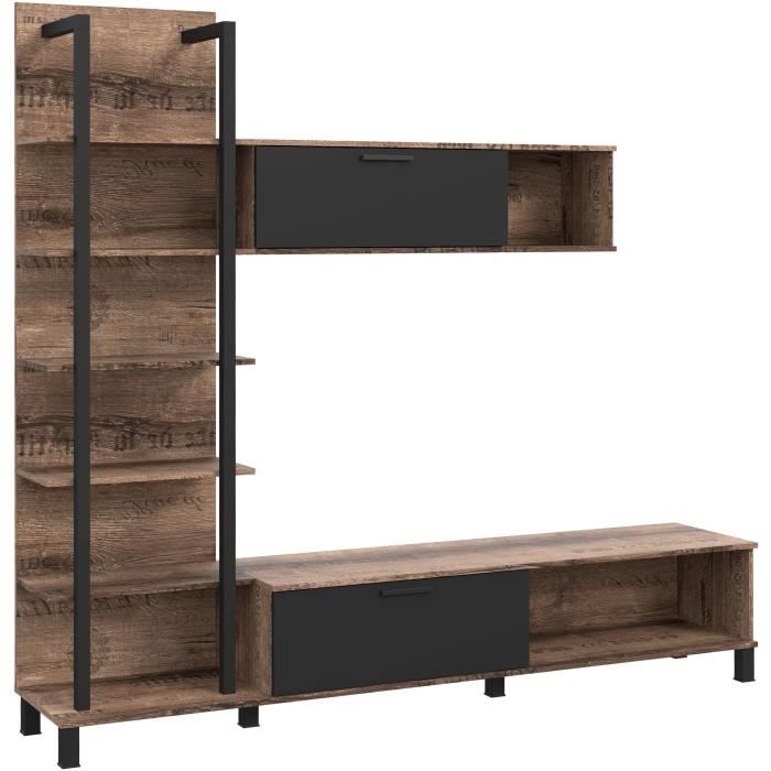 GELUZA Paroi murale 2 portes abattantes + 5 étagères - Décor chêne et noir - L 204,6 x P 41,6 x H 190 cm