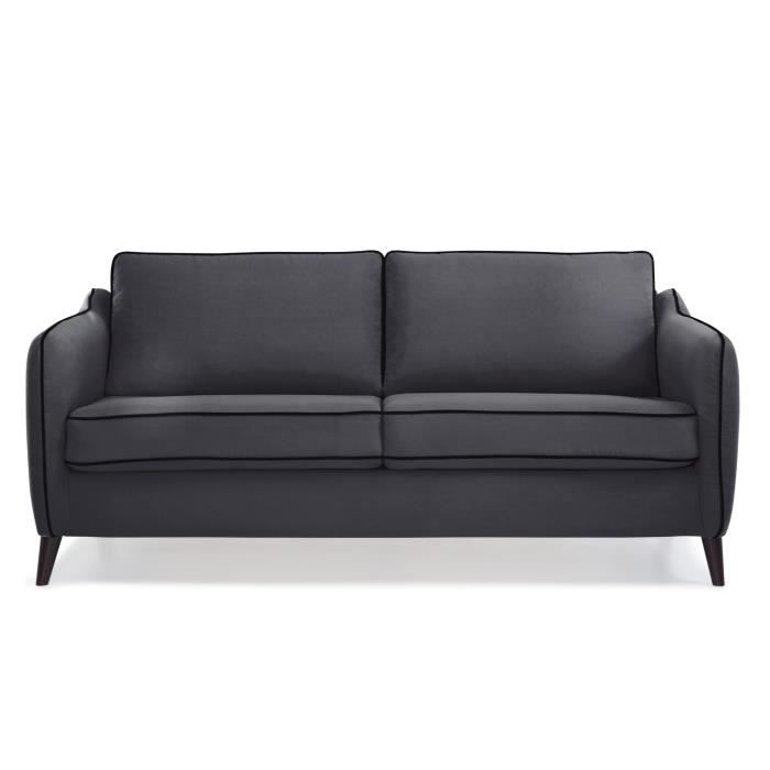 HEXAGONE Canapé Convertible 3 places - Tissu Gris Anthracite et Passepoil en Velours Noir - L 182 x P 85 x H 97 cm - CLYDE