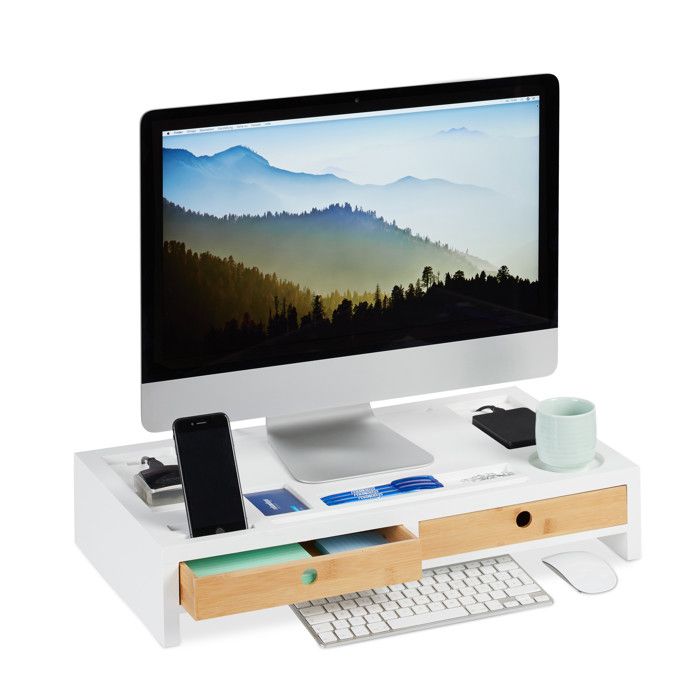 Relaxdays Support moniteur, rehausseur d’écran XL en bambou et MDF, 2 tiroirs, organiseur, HBT 11x58.5x32,5 cm, blanc -
