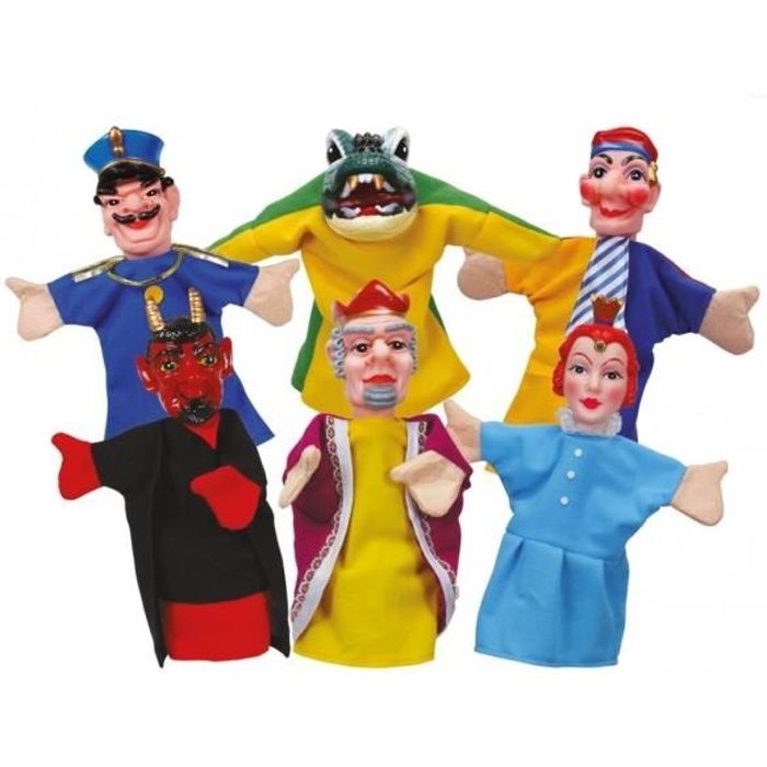 Set 6 Marionnettes a main theatre enfant - Personnages : Guignol, Gendarme, Roi, Princesse, Diable, Crocodile - Tissu, plastique