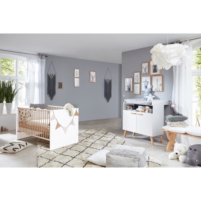 Chambre bébé Duo : Lit 70 x 140 cm + Commode à langer MATS - Blanc et chêne - TREND TEAM