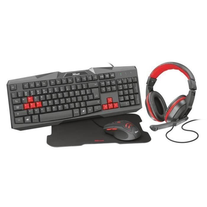 Trust Gaming Ziva Gamer Pack 4 en 1 Clavier AZERTY - Casque Micro - Souris Optique - Tapis de Souris Antidérapant