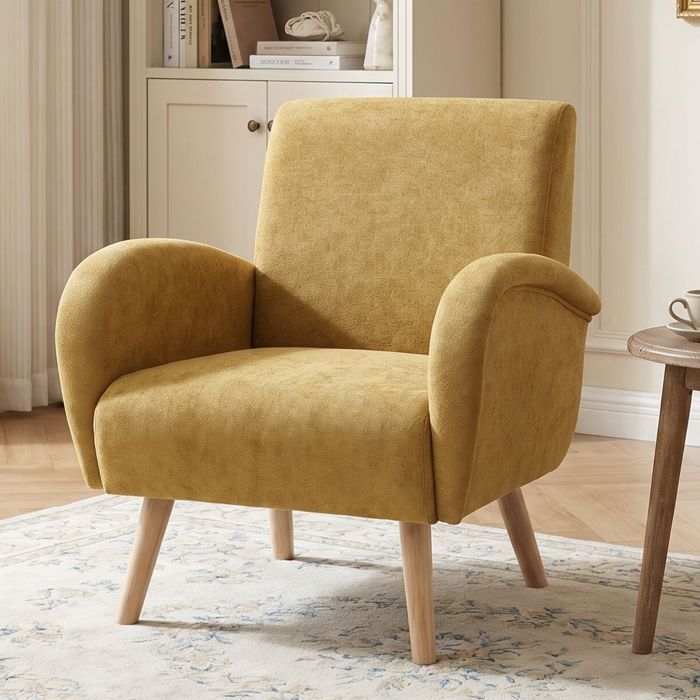 Wahson Fauteuil de Salon Moderne dAdulte en Chenille avec Pied Bois Fauteuil Scandinave Rembourré Fauteuil Relax Jaune