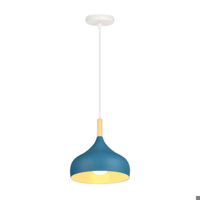 WOTTES Lustre Suspension Luminaire Moderne Style Goutte Chapeau Plafonnier Métal Bois pour Cuisine Ø24CM Bleu foncé 1PCS