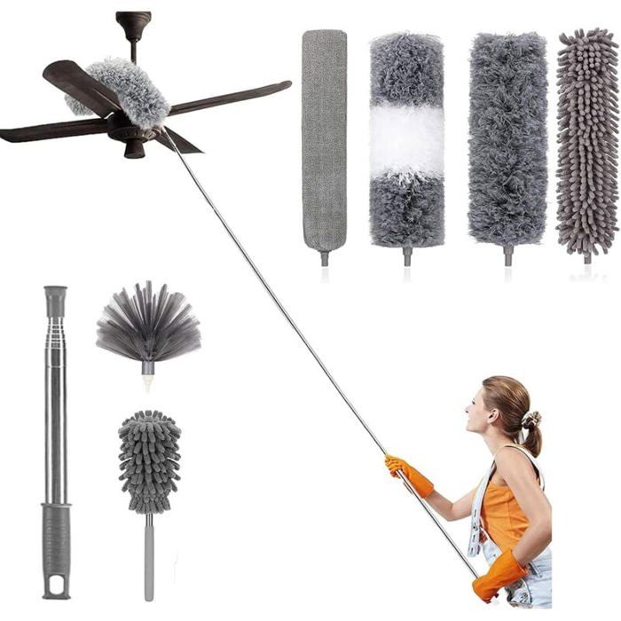 Plumeau Télescopique 3 M - Kit 4 Têtes (microfibre, Brosse…) - Pour Ventilateurs De Plafond, Coins Hauts, Toiles D'araignée