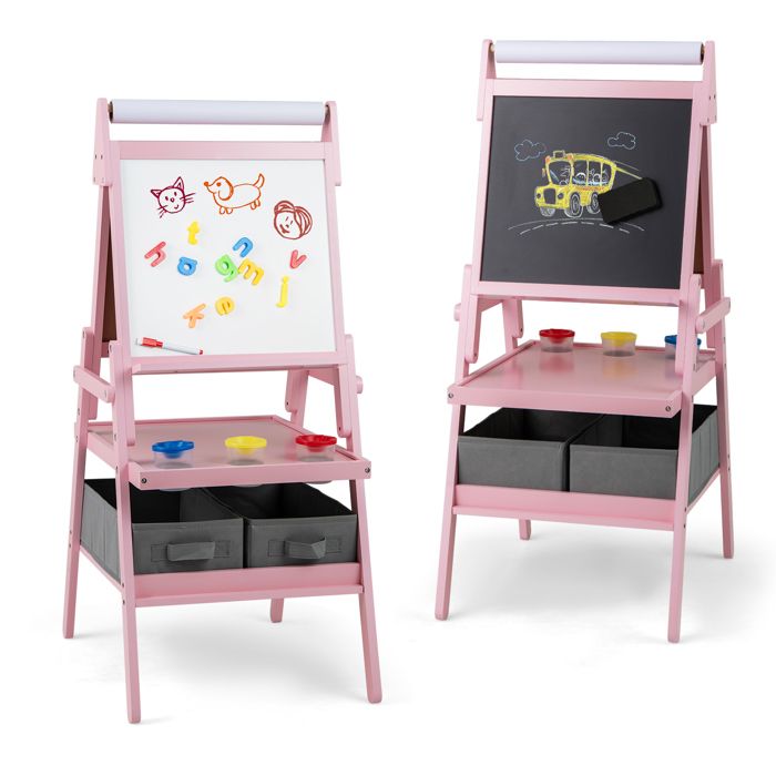 COSTWAY 4 en 1 Tableau Enfant en Bois avec Tableau Noir & Magnétique Réglable, Chevalet d'Art Enfant avec Étagère à Livres & Rouleau de Papier, Table avec Chaise pour 3 Ans