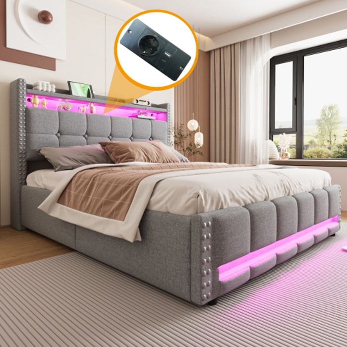 Lit Coffre 160x200 cm avec éclairage LED et Prise USB Tête de Lit avec étagères et Espace de Rangement Lit Adulte Double Gris