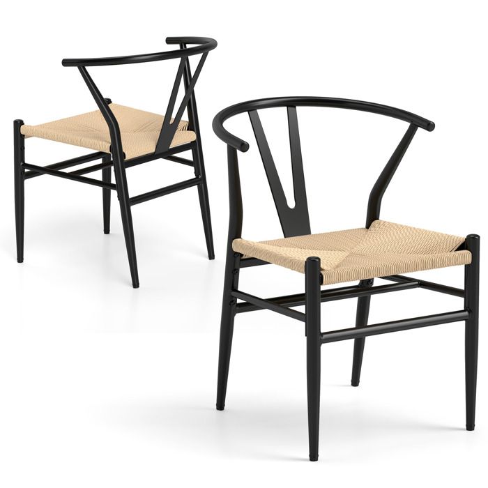 Chaises de Salle à Manger Lot de 2 - RELAX4LIFE - Dossier Creux en Y - Assise Tissée à la Main - Charge 150KG - Noir et Naturel