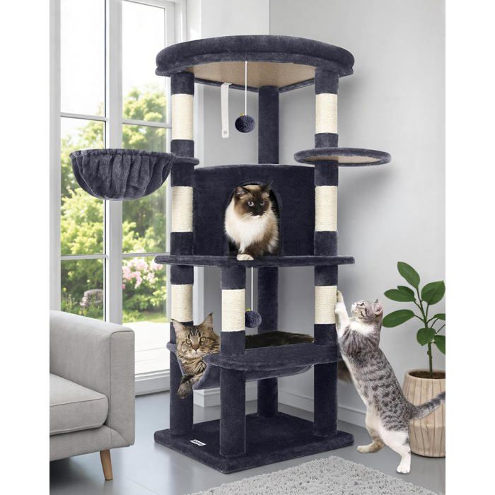 Comparer les prix de Arbre a Chat avec Grandes Plateforme en éventail Niches Doux Hamac PanierArbres à Chat Hauteur 130cm Solide 90° Serré Coin