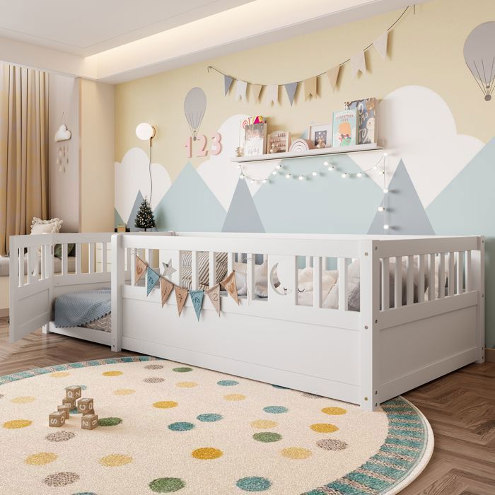 Lit Enfant 90x190cm avec Barreaux de Sécurité Lit de sol avec grille Décoration Étoiles et Lunes sans sommier à lattes blanc Lit Enfant 90x190cm avec Barreaux de Sécurité Lit de sol avec grille Décoration Étoiles et Lunes sans sommier à lattes blanc