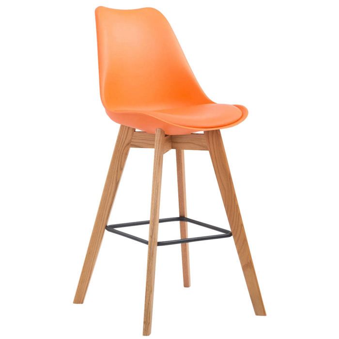 Tabouret de bar x1 style scandinave avec assise en similicuir et plastique orange et structure en bois naturel 10_0006040