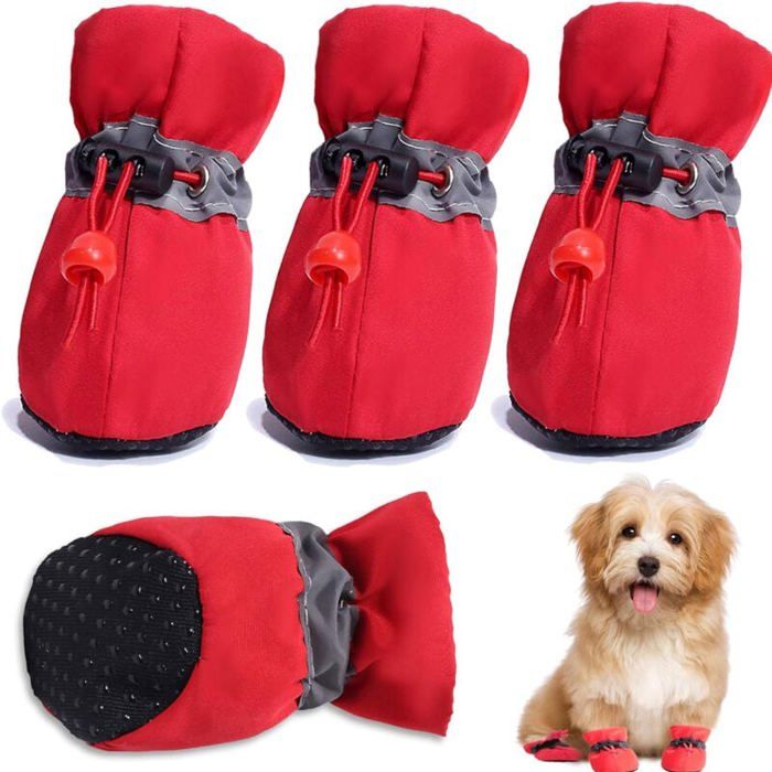 Comparer les prix de Chaussures pour chien 4 pièces bottes protection pattes sangles réfléchissantes antidérapants petite moyenne taille rouge