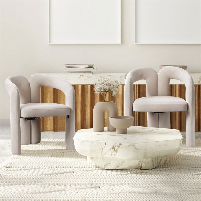 Chaise de salle à manger - Lot de 2 - Velours beige - Dossier incurvé enveloppant - Pieds en bois