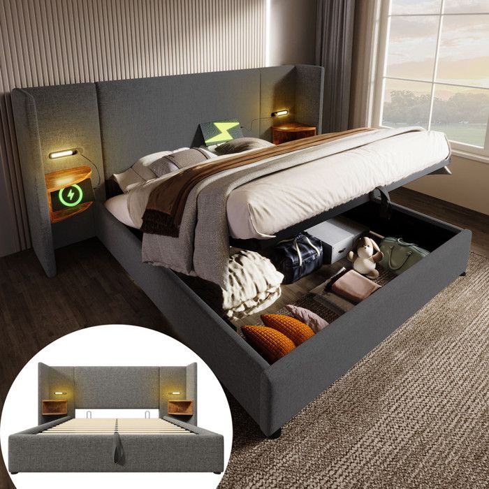Lit double rembourré - 160x200 cm - Gris - Lin - Espace de rangement - Charge USB Type-C