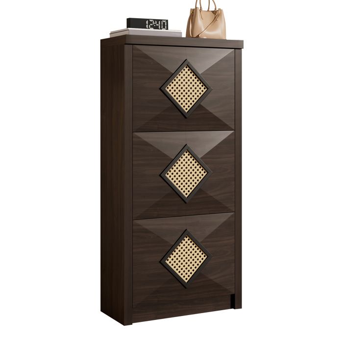 Armoire à chaussures vintage avec décor en rattan 3 cages rabattables étagère à chaussures rétro en optique bois brun foncé