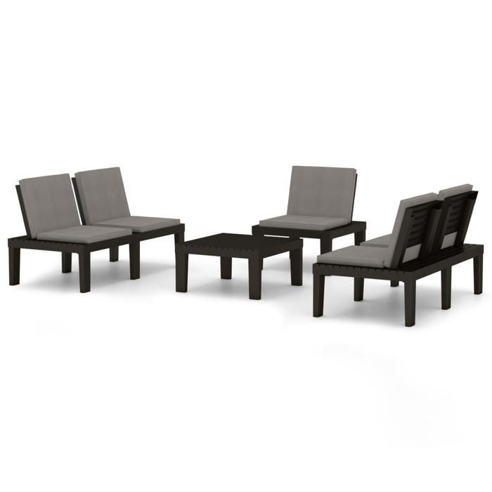 Salon de jardin en plastique - BURKE - 4 pièces - Gris - Coussins anthracite - Dimensions table 65x65x33 cm