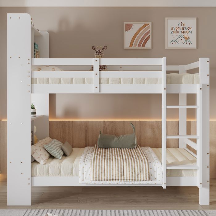 Lit superposé Maisentiel bois blanc avec étagères et échelle sécurisée 90x200 cm design gain de place