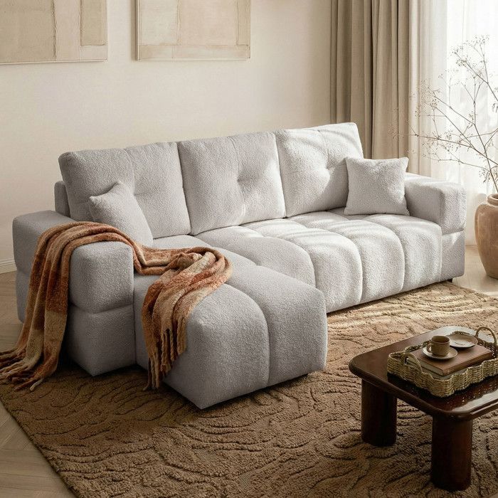 Canapé dangle Réversible BUENO - 3 places - Convertible avec Coffre - Tissu Agréable au Toucher - Gris clair