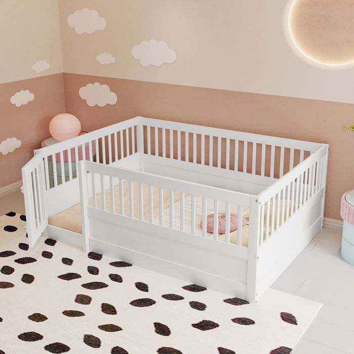 Lit enfant - MERAX - 140x200 avec barrière et porte - Bois massif pin - Blanc - Barrière 60 cm Lit enfant - MERAX - 140x200 avec barrière et porte - Bois massif pin - Blanc - Barrière 60 cm
